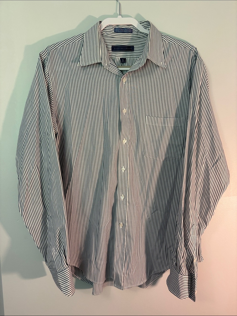 Geoffrey Beene Men’s White & Navy Vertical Stripe Dress Shirt